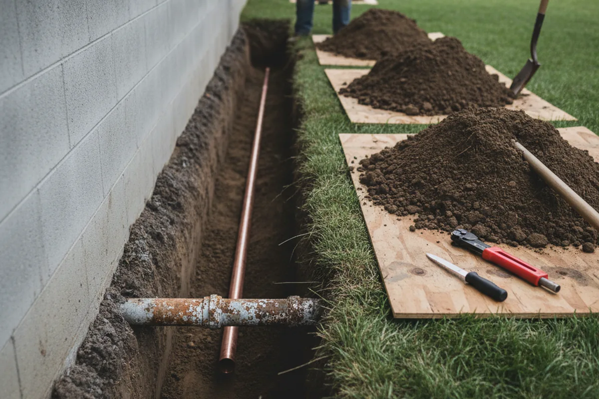 Excavated water line trench during Water Softener Installation in Kenyon